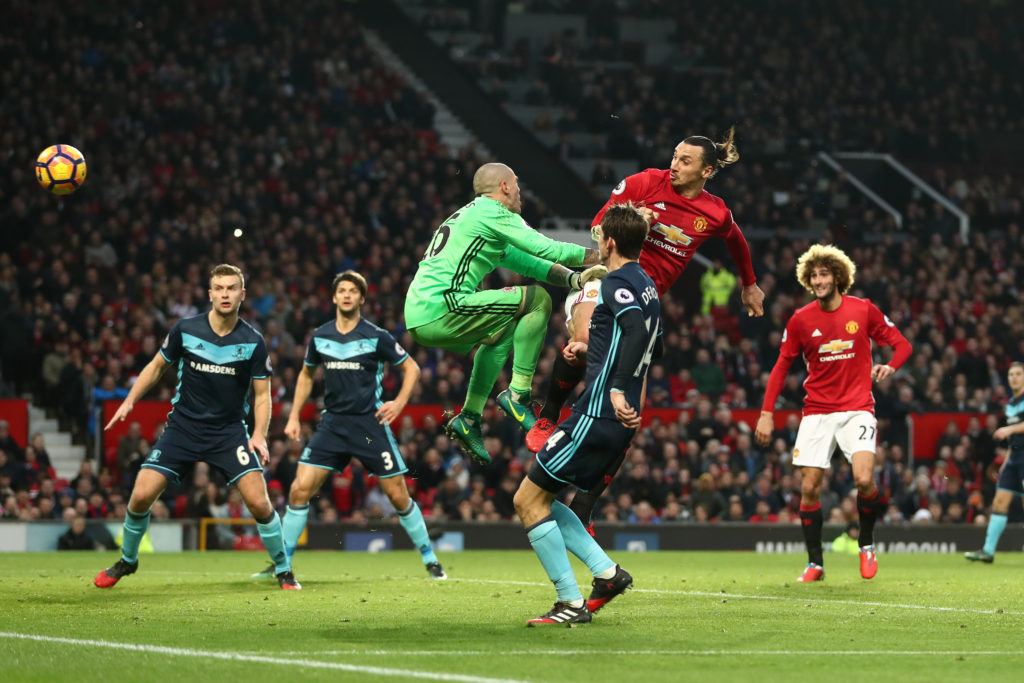 MANCHESTER, ENGLAND - DECEMBER 31: Zlatan Ibrahimovic of Manchester United scores a goal only for it to be disallowed during the Premier League match between Manchester United and Middlesbrough at Old Trafford on December 31, 2016 in Manchester, England. (Photo by James Baylis - AMA/Getty Images)