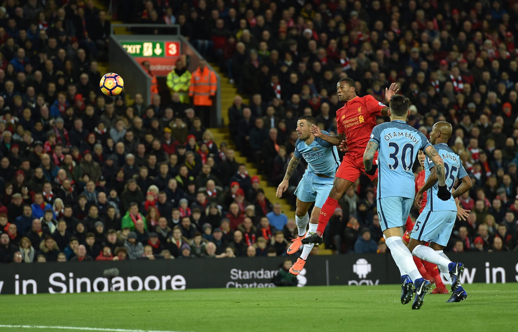 LIVERPOOL, ENGLAND - DECEMBER 31:  (THE SUN OUT, THE SUN ON SUNDAY OUT)  Georginio Wijnaldum  of Liverpool  scores the first during the Premier League match between Liverpool and Manchester City at Anfield on December 31, 2016 in Liverpool, England.  (Photo by Andrew Powell/Liverpool FC via Getty Images)