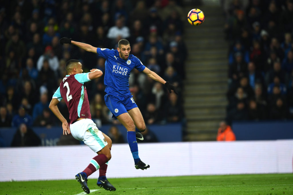 LEICESTER, ENGLAND - DECEMBER 31:  Islam Slimani of Leicester City scores his sides first goal during the Premier League match between Leicester City and West Ham United at The King Power Stadium on December 31, 2016 in Leicester, England.  (Photo by Laurence Griffiths/Getty Images)