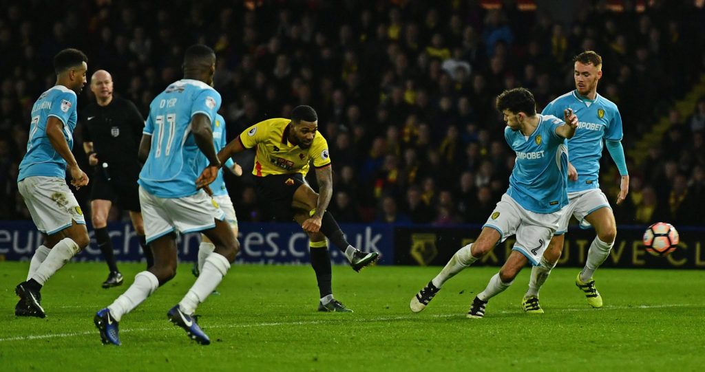 WATFORD, ENGLAND - JANUARY 07: Jerome Sinclair of Watford scores his sides second goal during The Emirates FA Cup Third Round match between Watford and Burton Albion at Vicarage Road on January 7, 2017 in Watford, England. (Photo by Dan Mullan/Getty Images)
