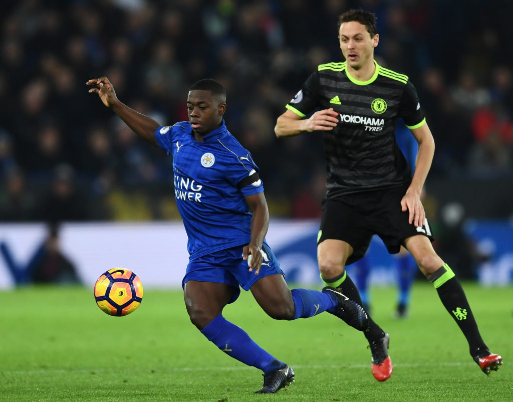 LEICESTER, ENGLAND - JANUARY 14:  Nampalys Mendy of Leicester City is closed down by Nemanja Matic of Chelsea during the Premier League match between Leicester City and Chelsea at The King Power Stadium on January 14, 2017 in Leicester, England.  (Photo by Laurence Griffiths/Getty Images)