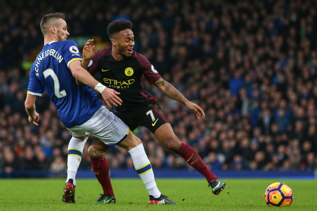 LIVERPOOL, ENGLAND - JANUARY 15: Morgan Schneiderlin of Everton and Raheem Sterling of Manchester City during the Premier League match between Everton and Manchester City at Goodison Park on January 15, 2017 in Liverpool, England. (Photo by Robbie Jay Barratt - AMA/Getty Images)