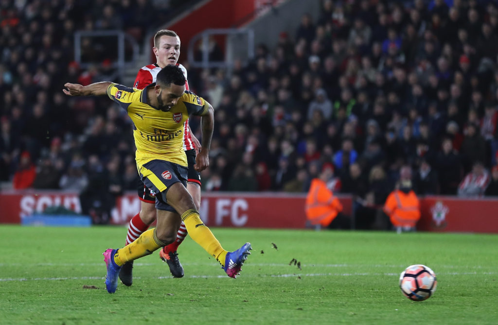 SOUTHAMPTON, ENGLAND - JANUARY 28: Theo Walcott of Arsenal scores his third and his sides fifth goal during the Emirates FA Cup Fourth Round match between Southampton and Arsenal at St Mary's Stadium on January 28, 2017 in Southampton, England.  (Photo by Bryn Lennon/Getty Images)