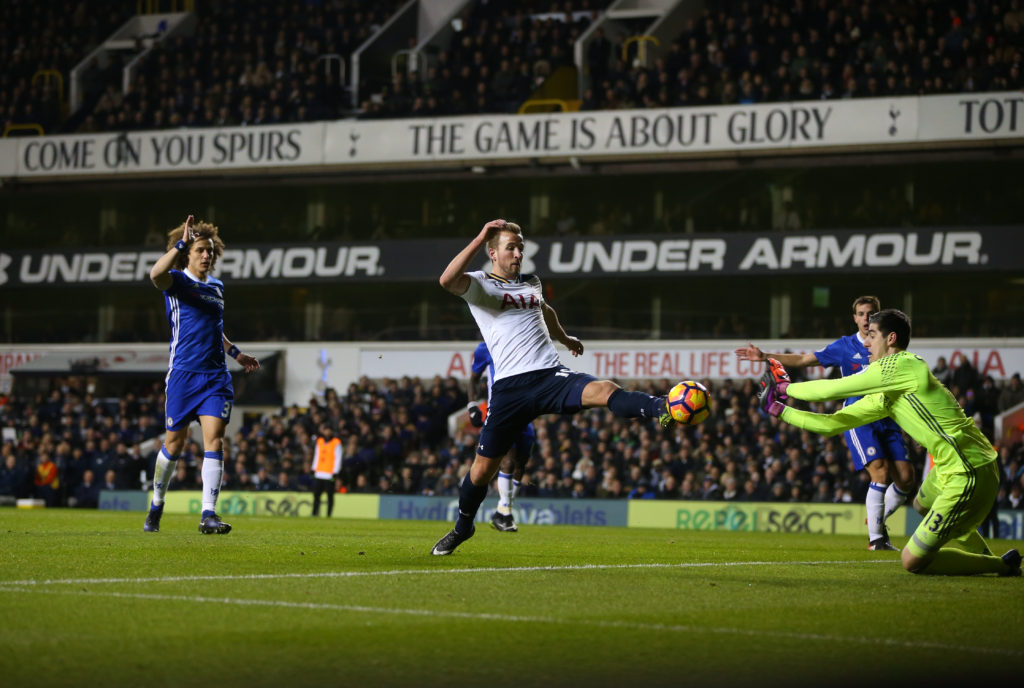 LONDON, ENGLAND - JANUARY 04: Harry Kane of Tottenham Hotspur sees his shot saved by Thibaut Courtois of Chelsea during the Premier League match between Tottenham Hotspur and Chelsea at White Hart Lane on January 4, 2017 in London, England. (Photo by Catherine Ivill - AMA/Getty Images)