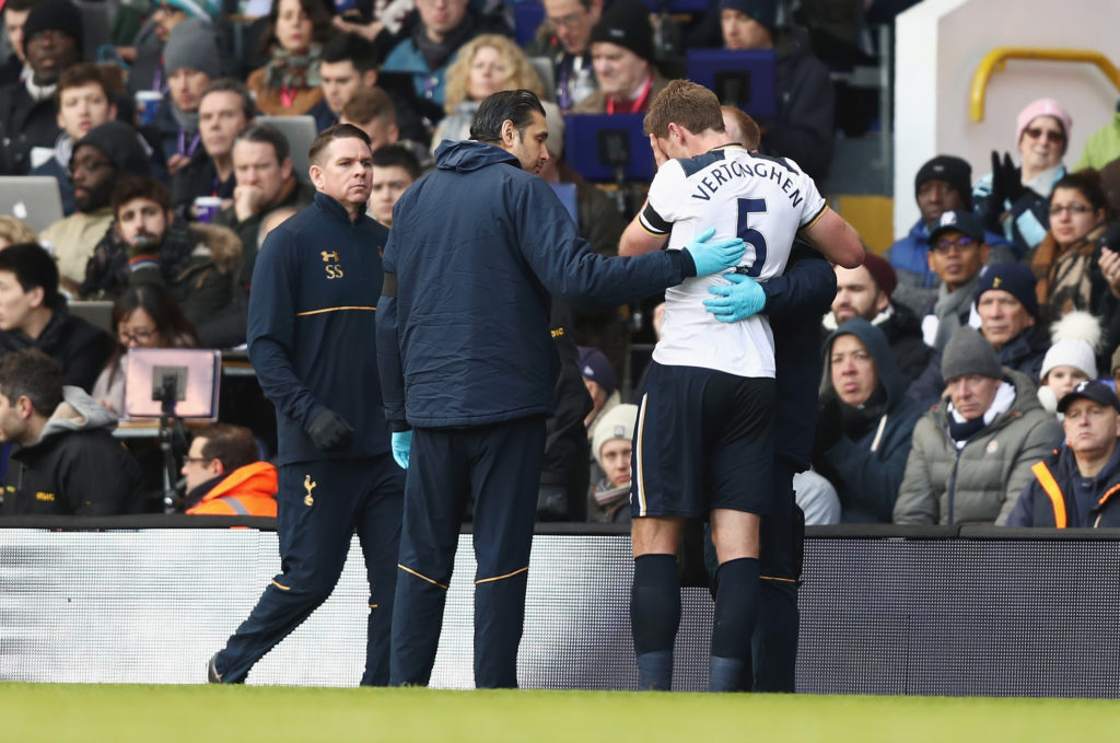 LONDON, ENGLAND - JANUARY 14: Jan Vertonghen of Tottenham Hotspur receives treatment from the medical team during the Premier League match between Tottenham Hotspur and West Bromwich Albion at White Hart Lane on January 14, 2017 in London, England.  (Photo by Clive Rose/Getty Images)