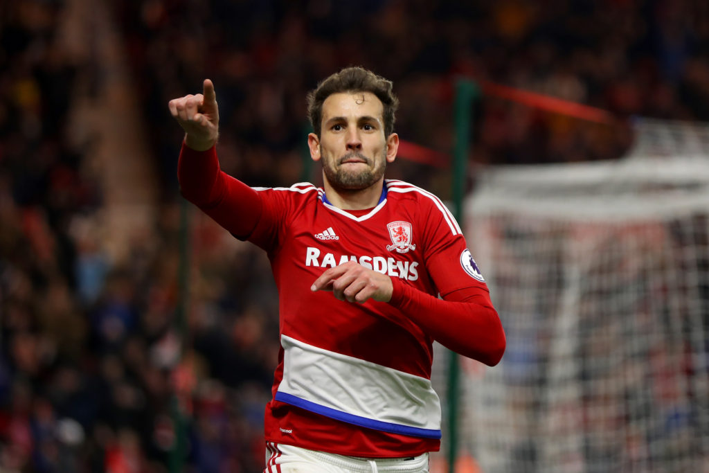 MIDDLESBROUGH, ENGLAND - FEBRUARY 18:  Cristhian Stuani of Middlesbrough celebrates scoring his sides third goal during The Emirates FA Cup Fifth Round match between Middlesbrough and Oxford United at Riverside Stadium on February 18, 2017 in Middlesbrough, England.  (Photo by Mark Thompson/Getty Images)