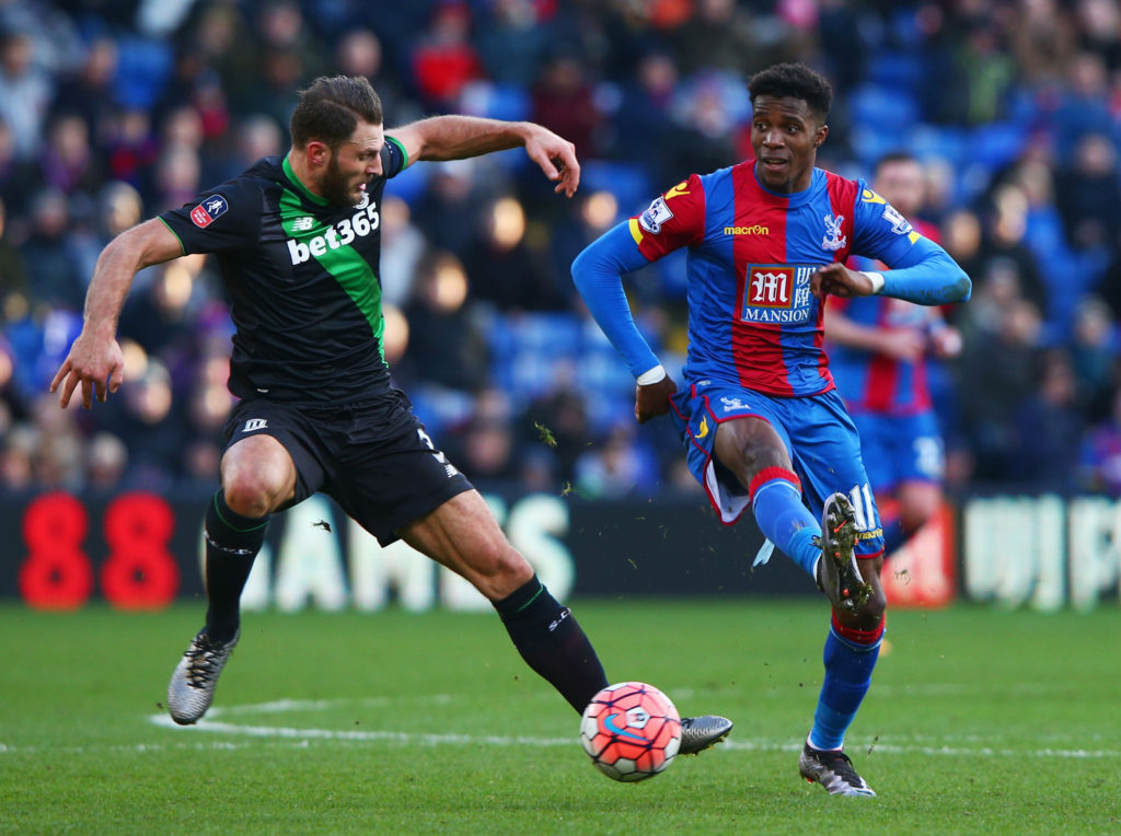 LONDON, ENGLAND - JANUARY 30: Wilfried Zaha of Crystal Palace and Erik Pieters of Stoke City compete for the ball during The Emirates FA Cup fourth round match between Crystal Palace and Stoke City at Selhurst Park on January 30, 2016 in London, England.  (Photo by Ian Walton/Getty Images)