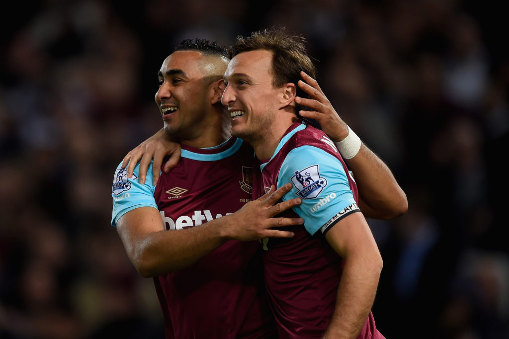 LONDON, ENGLAND - APRIL 20: Mark Noble of West Ham United celebrates with Dimitri Payet of West Ham United scoring his second goal during the Barclays Premier League match between West Ham United and Watford at the Boleyn Ground, April 20, 2016, London, England (Photo by Mike Hewitt/Getty Images)