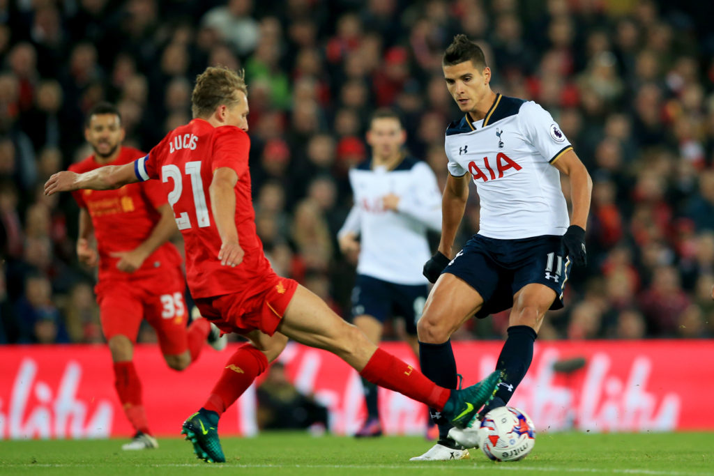 LIVERPOOL, ENGLAND - OCTOBER 25:  Lucas Leiva of Liverpool (L) tackles Erik Lamela of Tottenham Hotspur (R) during the EFL Cup fourth round match between Liverpool and Tottenham Hotspur at Anfield on October 25, 2016 in Liverpool, England.  (Photo by Jan Kruger/Getty Images)