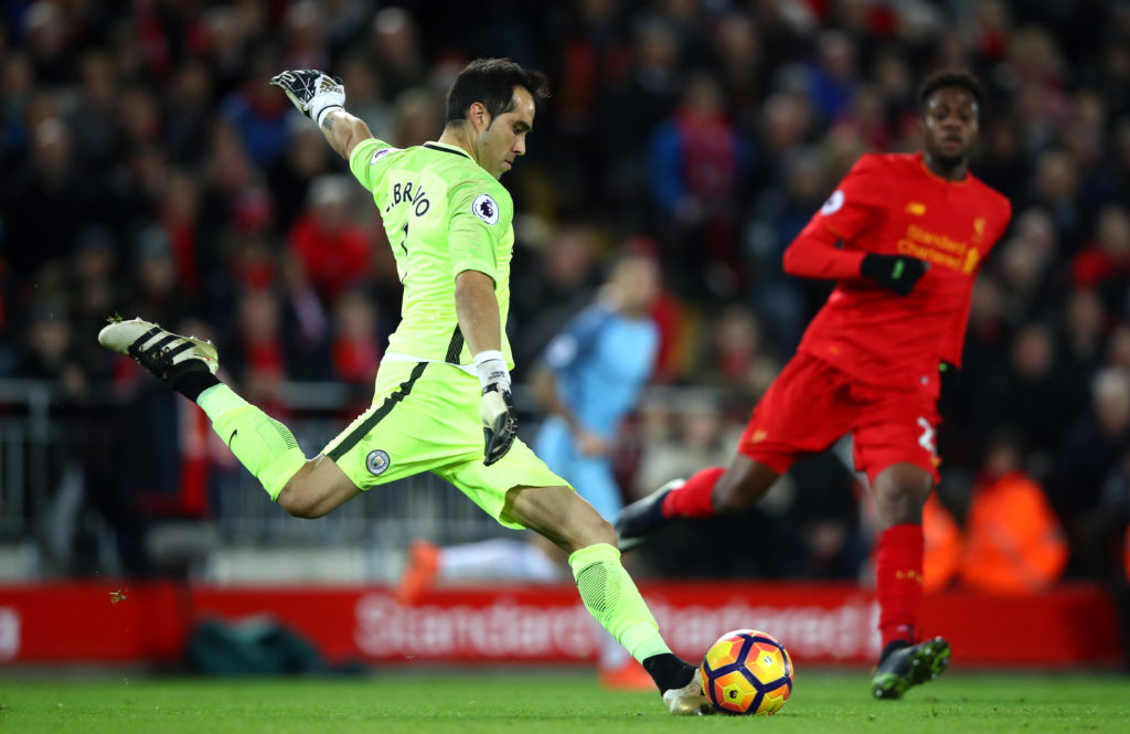 LIVERPOOL, ENGLAND - DECEMBER 31: Claudio Bravo of Manchester City takes a goal kick during the Premier League match between Liverpool and Manchester City at Anfield on December 31, 2016 in Liverpool, England. (Photo by Clive Brunskill/Getty Images)