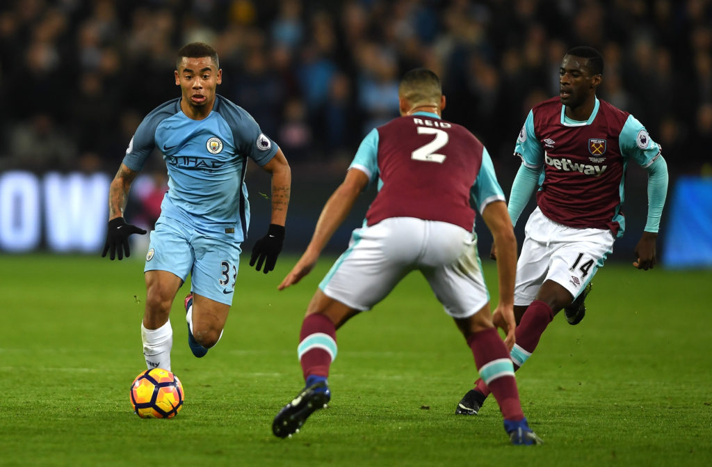 STRATFORD, ENGLAND - FEBRUARY 01: Gabriel Jesus of Manchester City takes on Winston Reid of West Ham United during the Premier League match between West Ham United and Manchester City at London Stadium on February 1, 2017 in Stratford, England. (Photo by Mike Hewitt/Getty Images)