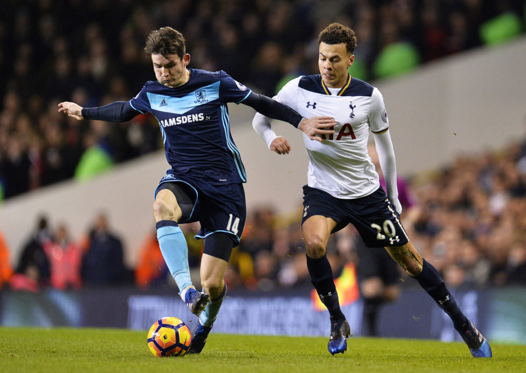 LONDON, ENGLAND - FEBRUARY 04:  Marten de Roon of Middlesbrough FC and Dele Alli of Tottenham Hotspur during the Premier League match between Tottenham Hotspur and Middlesbrough at White Hart Lane on February 4, 2017 in London, England. (Photo by Justin Setterfield/Getty Images)
