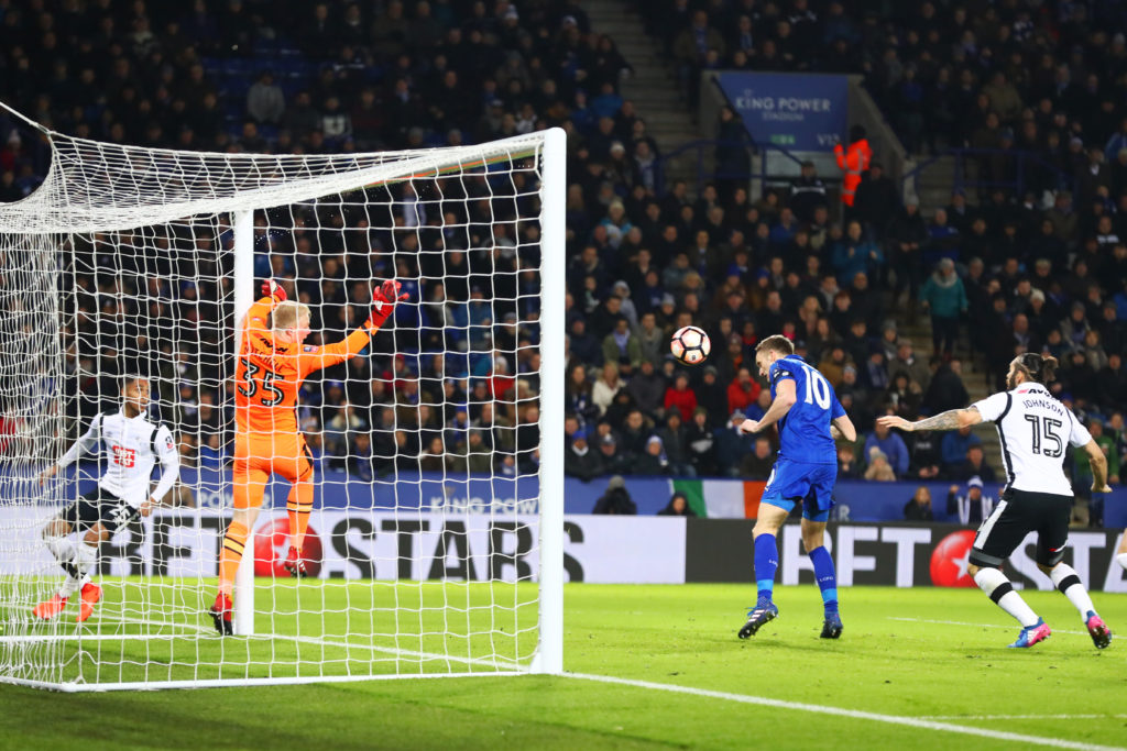 LEICESTER, ENGLAND - FEBRUARY 08:  Andy King of Leicester City scores the opening goal during the Emirates FA Cup Fourth Round replay match between Leicester City and Derby City at The King Power Stadium on February 8, 2017 in Leicester, England.  (Photo by Matthew Lewis/Getty Images)