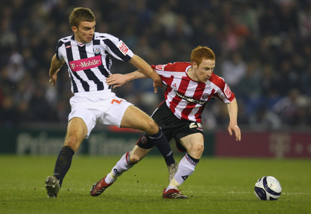 WEST BROMWICH, UNITED KINGDOM - FEBRUARY 12: James Morrison of West Brom tangles with Stephen Quinn of Sheffield United during the Coca-Cola Championship match between West Bromwich Albion and Sheffield United at the Hawthorns on February 12, 2008 in West Bromwich, United Kingdom  (Photo by Mark Thompson/Getty Images)