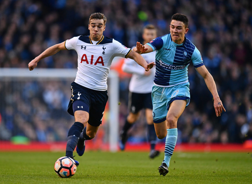 LONDON, ENGLAND - JANUARY 28:  Harry Winks of Tottenham Hotspur and Luke O'Nien of Wycombe Wanderers compete for the ball during the Emirates FA Cup Fourth Round match between Tottenham Hotspur and Wycombe Wanderers at White Hart Lane on January 28, 2017 in London, England.  (Photo by Dan Mullan/Getty Images)