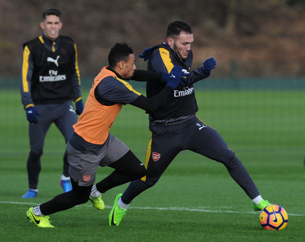 ST ALBANS, ENGLAND - FEBRUARY 03: (L-R) Francis Coquelin and Lucas Perez of Arsenal during a training session at London Colney on February 3, 2017 in St Albans, England. (Photo by Stuart MacFarlane/Arsenal FC via Getty Images)