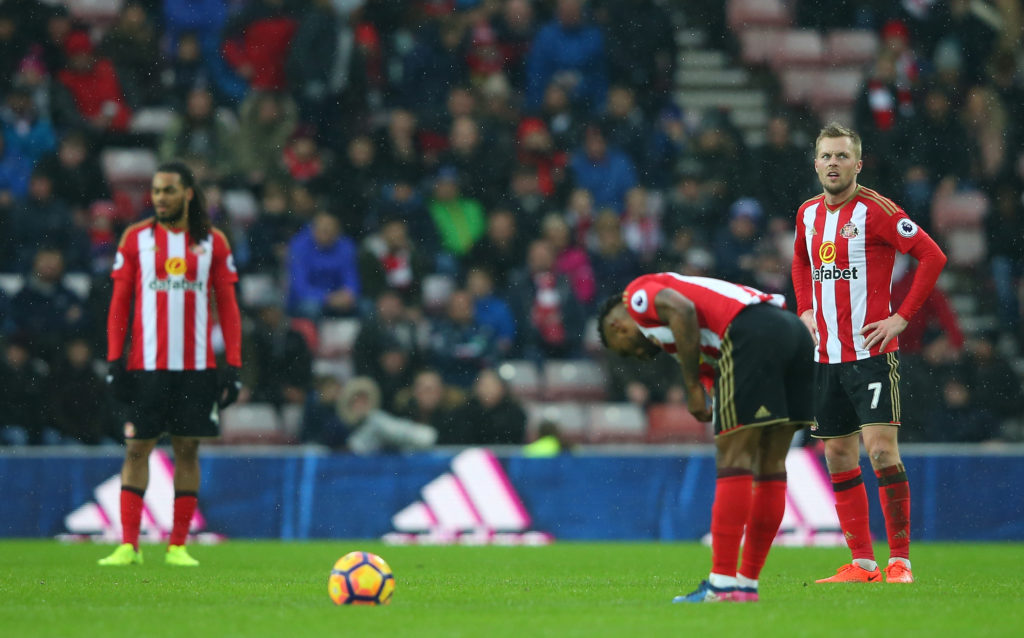 SUNDERLAND, ENGLAND - FEBRUARY 11: Sebastian Larsson (R) of Sunderland shows dejection after Southampton's first goal during the Premier League match between Sunderland and Southampton at Stadium of Light on February 11, 2017 in Sunderland, England.  (Photo by Alex Livesey/Getty Images)