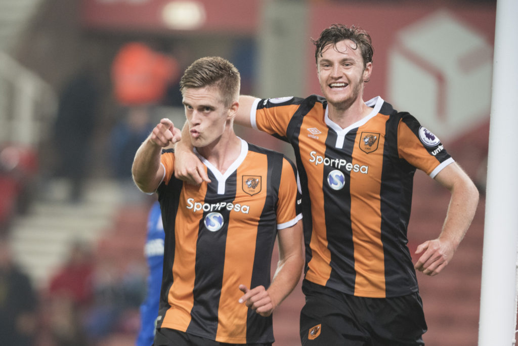 STOKE ON TRENT, ENGLAND - SEPTEMBER 21:Markus Henriksen and WIll Keane of Hull City celebrates  during the EFL Cup Third Round match between Stoke City and Hull City at the Bet365 Stadium on September 21, 2016 in Stoke on Trent, England.  (Photo by Nathan Stirk/Getty Images)