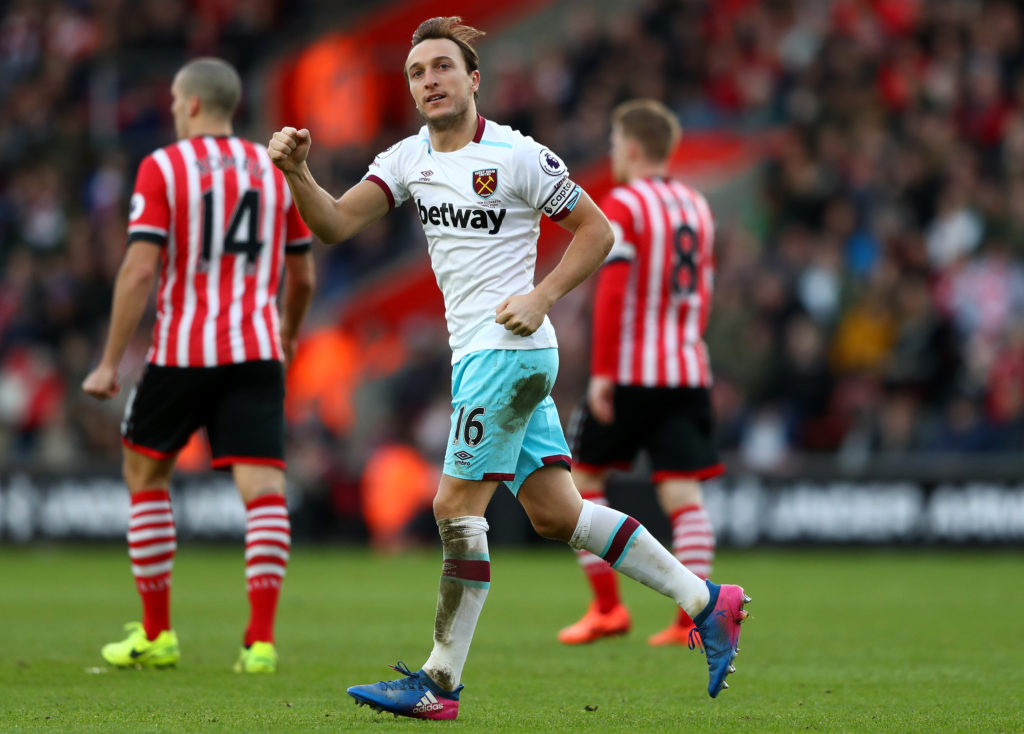 SOUTHAMPTON, ENGLAND - FEBRUARY 04:  Mark Noble of West Ham United celebrates his side's third goal scored by Steven Davis of Southampton during the Premier League match between Southampton and West Ham United at St Mary's Stadium on February 4, 2017 in Southampton, England.  (Photo by Michael Steele/Getty Images)