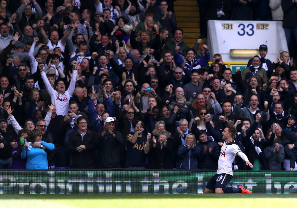 LONDON, ENGLAND - MARCH 19: Christian Eriksen of Tottenham Hotspur (R) celebrates scoring his sides first goal during the Premier League match between Tottenham Hotspur and Southampton at White Hart Lane on March 19, 2017 in London, England.  (Photo by Ian Walton/Getty Images)