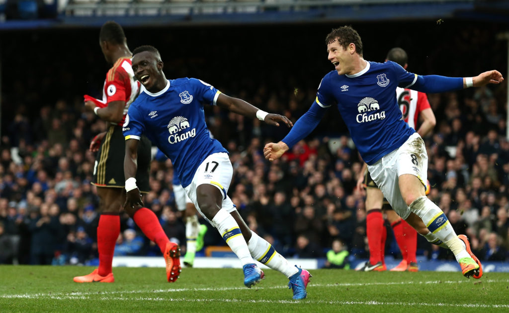 LIVERPOOL, ENGLAND - FEBRUARY 25: Idrissa Gueye of Everton (L) celebrates scoring his sides first goal with Ross Barkley of Everton (R) during the Premier League match between Everton and Sunderland at Goodison Park on February 25, 2017 in Liverpool, England.  (Photo by Jan Kruger/Getty Images)