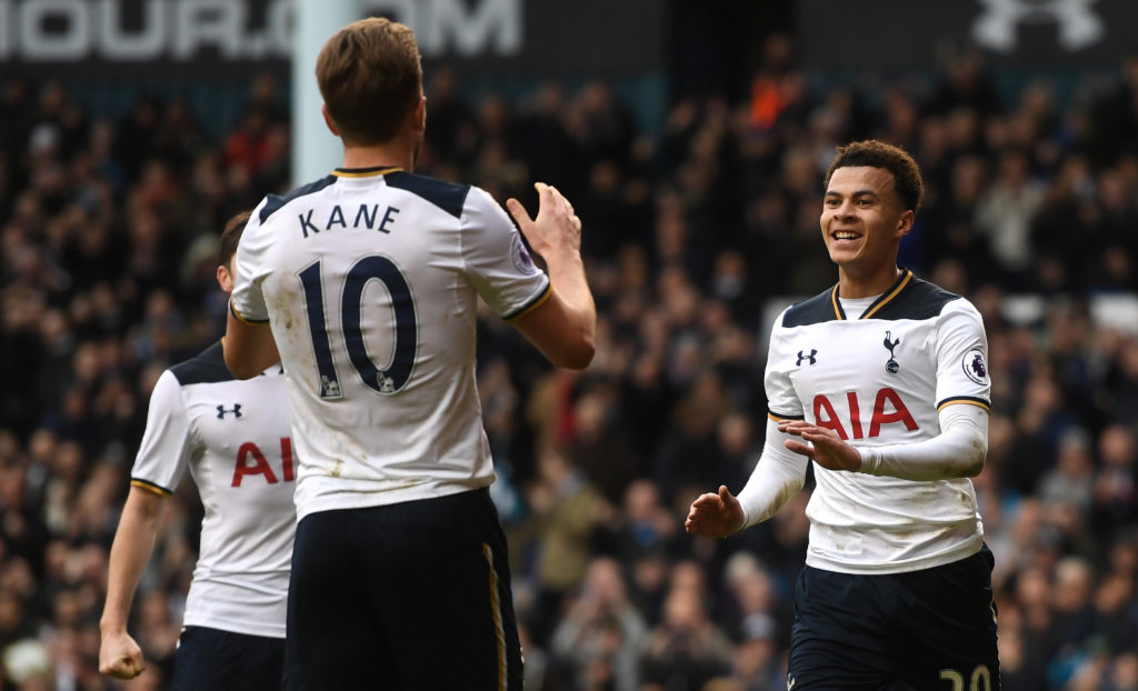 LONDON, ENGLAND - FEBRUARY 26:  Dele Alli of Tottenham Hotspur celebrates scoring his teams fourth goal with teammate Harry Kane during the Premier League match between Tottenham Hotspur and Stoke City at White Hart Lane on February 26, 2017 in London, England.  (Photo by Michael Regan/Getty Images)