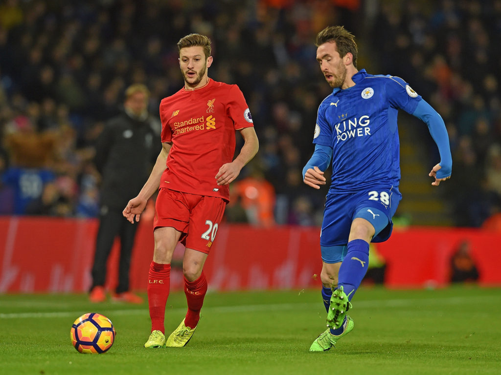 LEICESTER, ENGLAND - FEBRUARY 27:  (THE SUN OUT, THE SUN ON SUNDAY OUT) Adam Lallana of Liverpool with  Christian Fuchs during the Premier League match between Leicester City and Liverpool at The King Power Stadium on February 27, 2017 in Leicester, England.  (Photo by Andrew Powell/Liverpool FC via Getty Images)