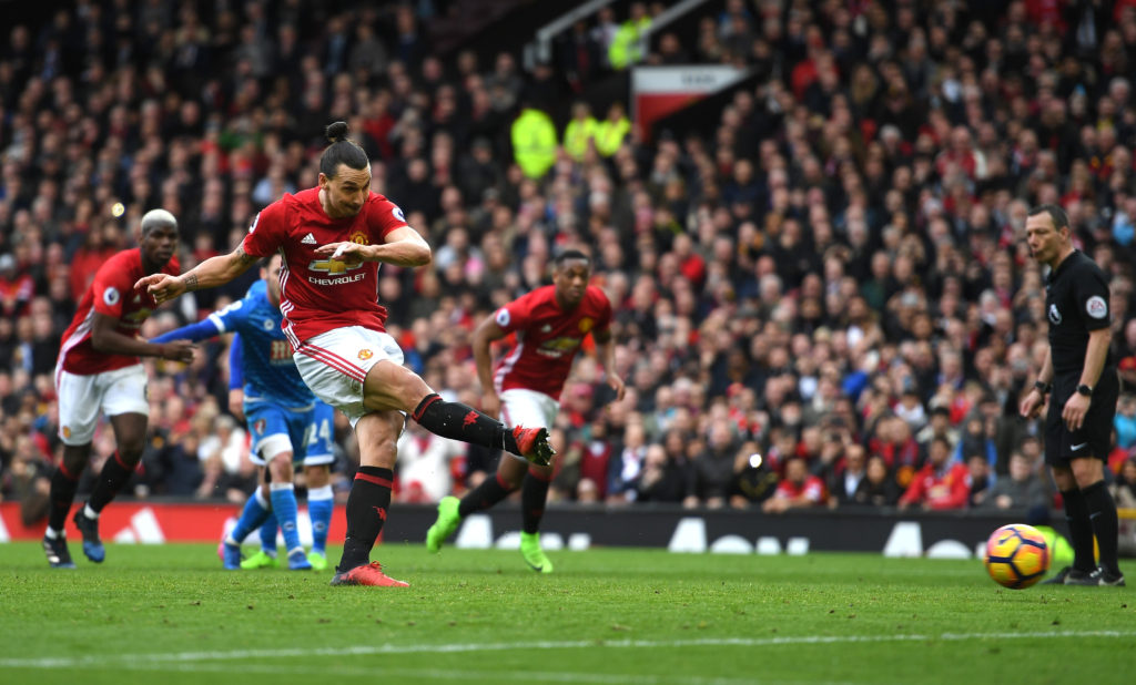MANCHESTER, ENGLAND - MARCH 04: Zlatan Ibrahimovic of Manchester United (L) takes a penalty but it is later saved by Artur Boruc of AFC Bournemouth (not pictured) during the Premier League match between Manchester United and AFC Bournemouth at Old Trafford on March 4, 2017 in Manchester, England.  (Photo by Shaun Botterill/Getty Images)
