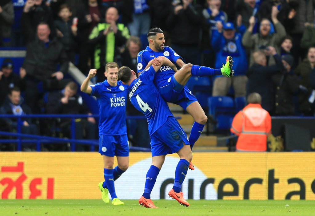 LEICESTER, ENGLAND - MARCH 04:  Riyad Mahrez of Leicester City (R) celebrates scoring his sides second goal with Danny Drinkwater of Leicester City (L) during the Premier League match between Leicester City and Hull City at The King Power Stadium on March 4, 2017 in Leicester, England.  (Photo by Stephen Pond/Getty Images)