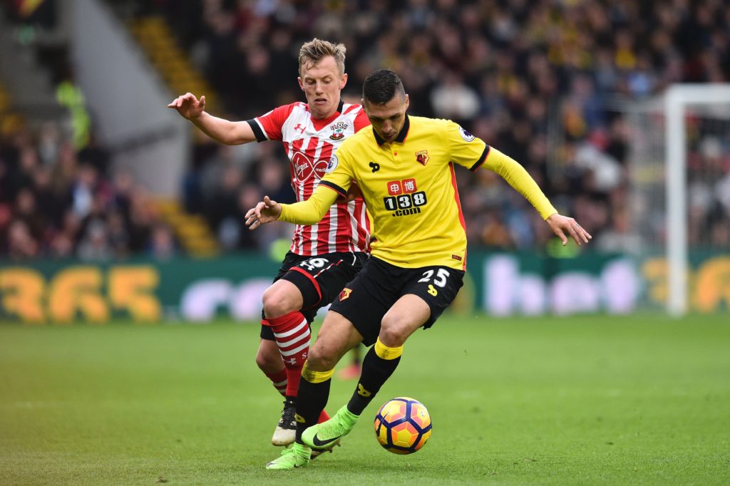Southampton's English midfielder James Ward-Prowse (L) challenges Watford's German-born Greek midfielder José Holebas (R) during the English Premier League football match between Watford and Southampton at Vicarage Road Stadium in Watford, north of London on March 4, 2017. / AFP PHOTO / Glyn KIRK / RESTRICTED TO EDITORIAL USE. No use with unauthorized audio, video, data, fixture lists, club/league logos or 'live' services. Online in-match use limited to 75 images, no video emulation. No use in betting, games or single club/league/player publications.  /         (Photo credit should read GLYN KIRK/AFP/Getty Images)