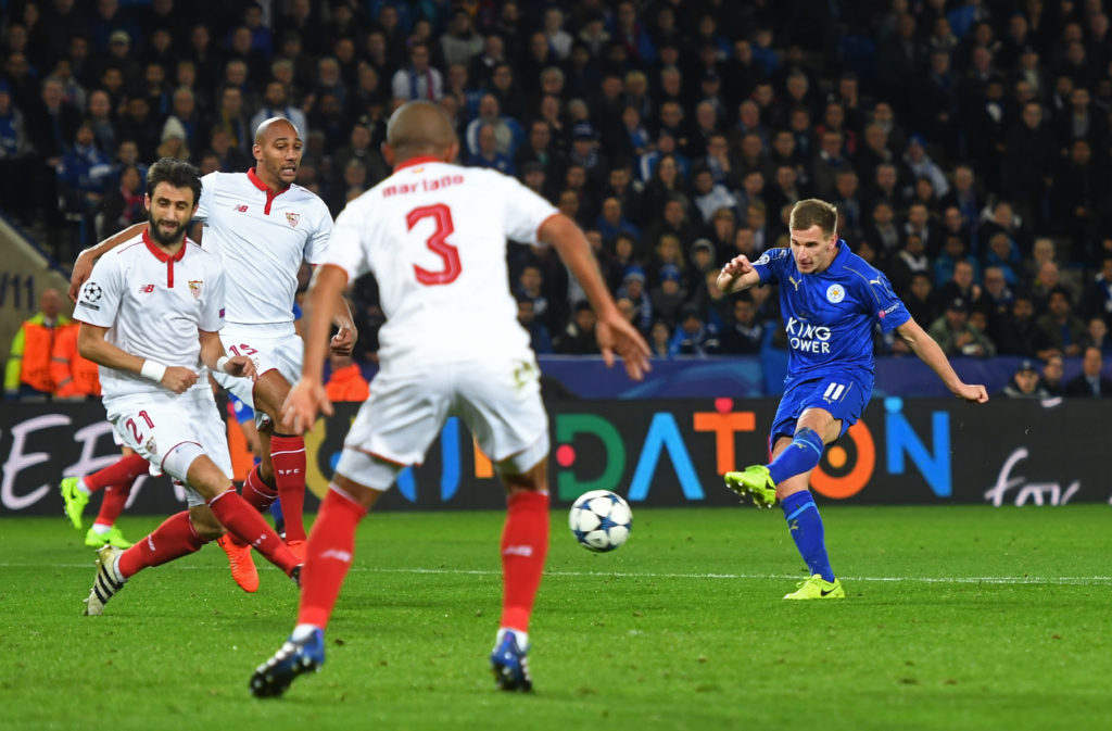 LEICESTER, ENGLAND - MARCH 14: Marc Albrighton of Leicester City scores his team's second goal during the UEFA Champions League Round of 16, second leg match between Leicester City and Sevilla FC at The King Power Stadium on March 14, 2017 in Leicester, United Kingdom. (Photo by Michael Regan/Getty Images)