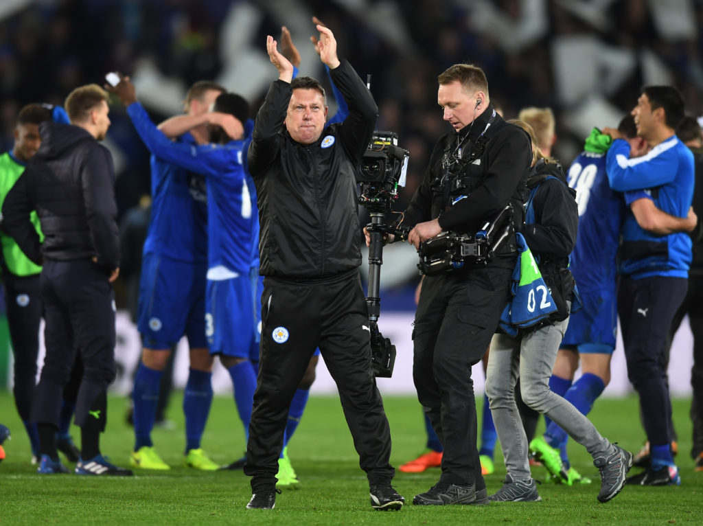 LEICESTER, ENGLAND - MARCH 14:  Craig Shakespeare the interim Manager of Leicester City celebrates his team's 3-2 agg victory following the final whistle during the UEFA Champions League Round of 16, second leg match between Leicester City and Sevilla FC at The King Power Stadium on March 14, 2017 in Leicester, United Kingdom.  (Photo by Michael Regan/Getty Images)