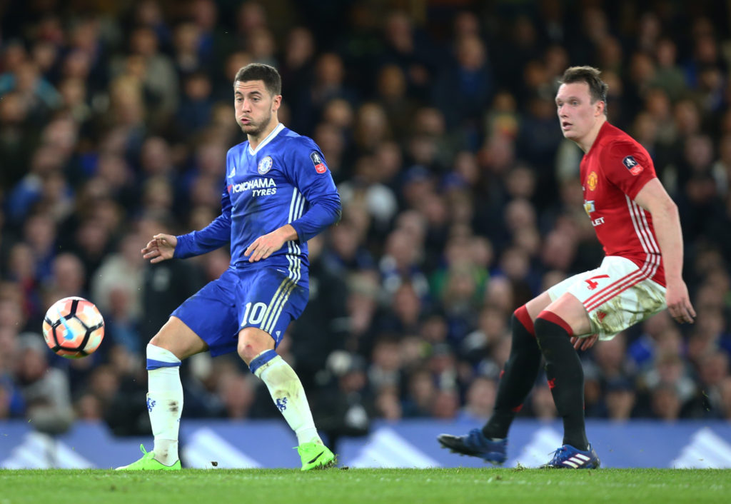 L-R Chelsea's Eden Hazard andManchester United's Phil Jones during the The Emirates FA Cup - Sixth Round match between Chelsea and Manchester United  at Stamford Bridge, London, England on 13 March 2017. (Photo by Kieran Galvin/NurPhoto via Getty Images)