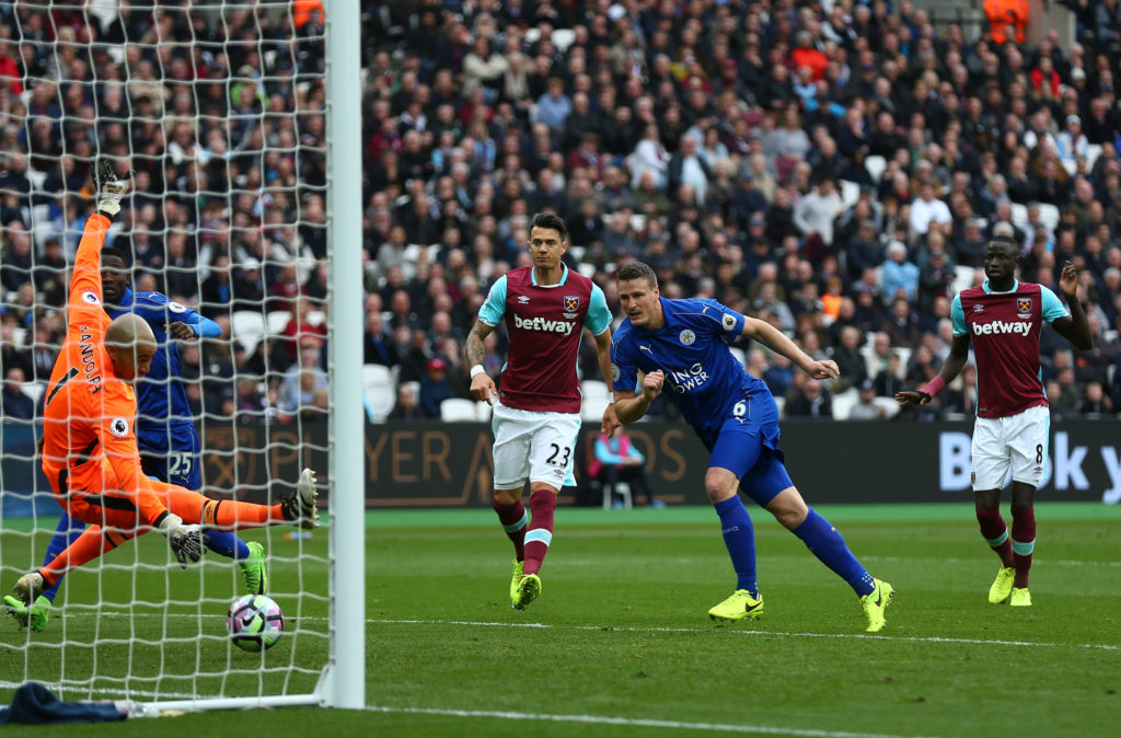 STRATFORD, ENGLAND - MARCH 18:  Robert Huth of Leicester City (R) scores his sides second goal past Darren Randolph of West Ham United (L) during the Premier League match between West Ham United and Leicester City at London Stadium on March 18, 2017 in Stratford, England.  (Photo by Steve Bardens/Getty Images)