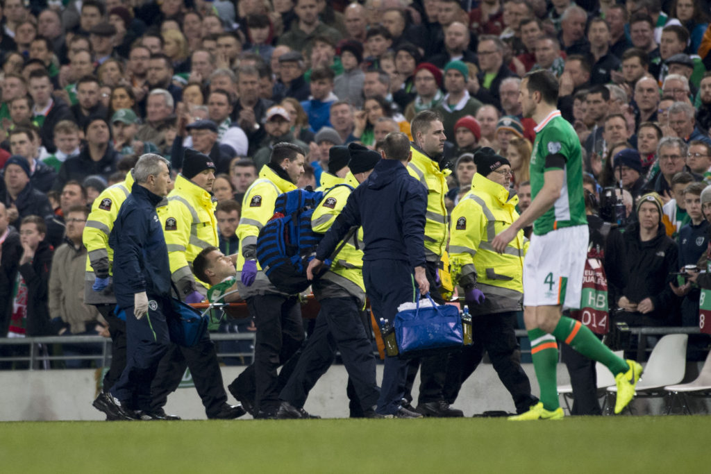 Seamus Coleman of Ireland injured leaves the pitch on the stretcher during the 2018 FIFA World Cup Qualifying Round Group D match between Republic of Ireland and Wales at Aviva Stadium in Dublin on March 24, 2017 (Photo by Andrew Surma/NurPhoto via Getty Images)