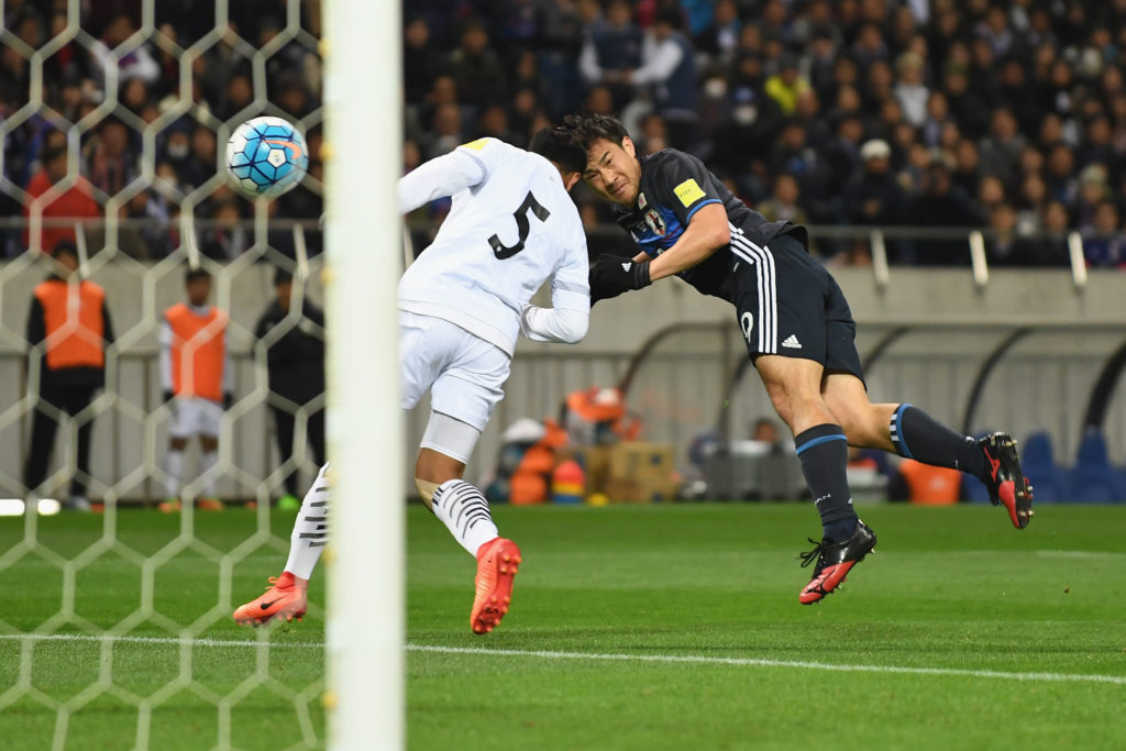SAITAMA, JAPAN - MARCH 28: Shinji Okazaki of Japan scoring the teamfs second goal during the 2018 FIFA World Cup Qualifier match between Japan and Thailand at Saitama Stadium on March 28, 2017 in Saitama, Japan.  (Photo by Atsushi Tomura/Getty Images)