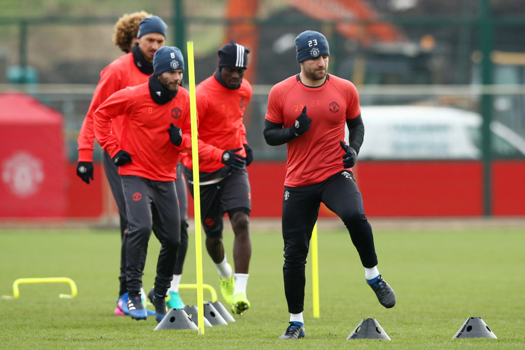 MANCHESTER, ENGLAND - FEBRUARY 21:  Luke Shaw of Manchester United runs during a training session ahead of the UEFA Europa League round-of-32 second leg against St Etienne at Aon Training Complex on February 21, 2017 in Manchester, England.  (Photo by Jan Kruger/Getty Images)