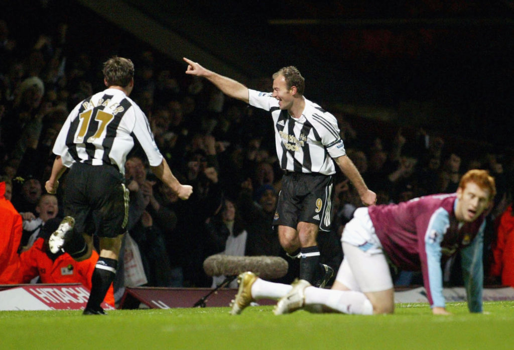 LONDON - DECEMBER 17: Alan Shearer celebrates scoring Newcastles third goal against West Ham United during the FA Barclays Premiership match between West Ham United and Newcastle United at Upton Park on December 17, 2005 in London, England. (Photo by Ian Horrocks/Newcastle United via Getty Images)