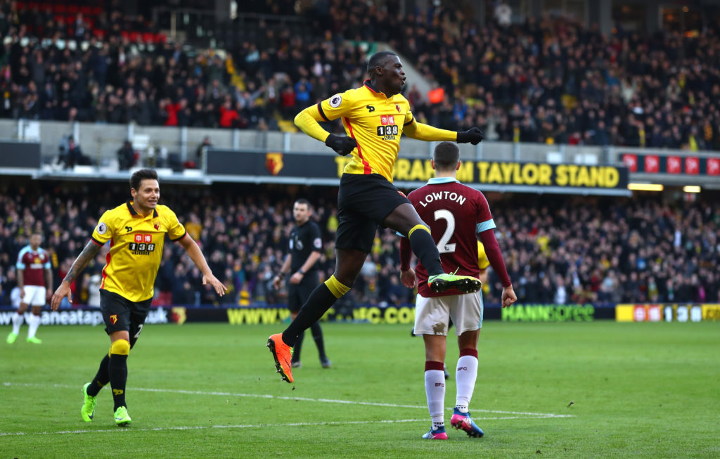 WATFORD, ENGLAND - FEBRUARY 04:  M'Baye Niang of Watford celebrates scoring his sides second goal during the Premier League match between Watford and Burnley at Vicarage Road on February 4, 2017 in Watford, England.  (Photo by Matthew Lewis/Getty Images)