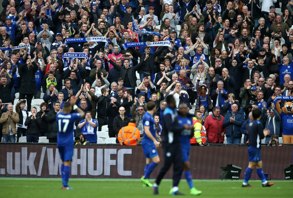 STRATFORD, ENGLAND - MARCH 18: The Leicester City fans shows appreciation to the Leicester City players after the Premier League match between West Ham United and Leicester City at London Stadium on March 18, 2017 in Stratford, England. (Photo by Steve Bardens/Getty Images)