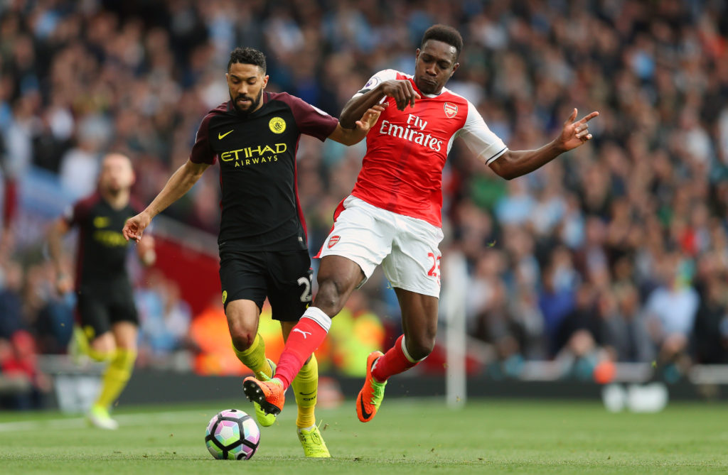LONDON, ENGLAND - APRIL 02: Gael Clichy of Manchester City and Danny Welbeck of Arsenal during the Premier League match between Arsenal and Manchester City at Emirates Stadium on April 2, 2017 in London, England. (Photo by Catherine Ivill - AMA/Getty Images)