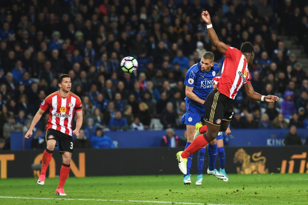 LEICESTER, ENGLAND - APRIL 04: Islam Slimani of Leicester City scores his sides first goal during the Premier League match between Leicester City and Sunderland at The King Power Stadium on April 4, 2017 in Leicester, England. (Photo by Michael Regan/Getty Images)