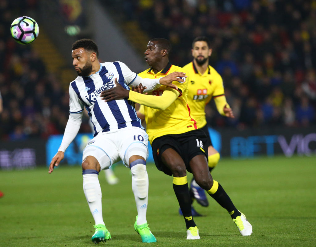 L-R West Bromwich Albion's Matt Phillips holds of Watford's Abdoulaye Doucoure during EPL - Premier League match between Watford against West Bromwich Albion (WBA) at Vicarage Road, Watford, Britain - 04 April 2017 (Photo by Kieran Galvin/NurPhoto via Getty Images)