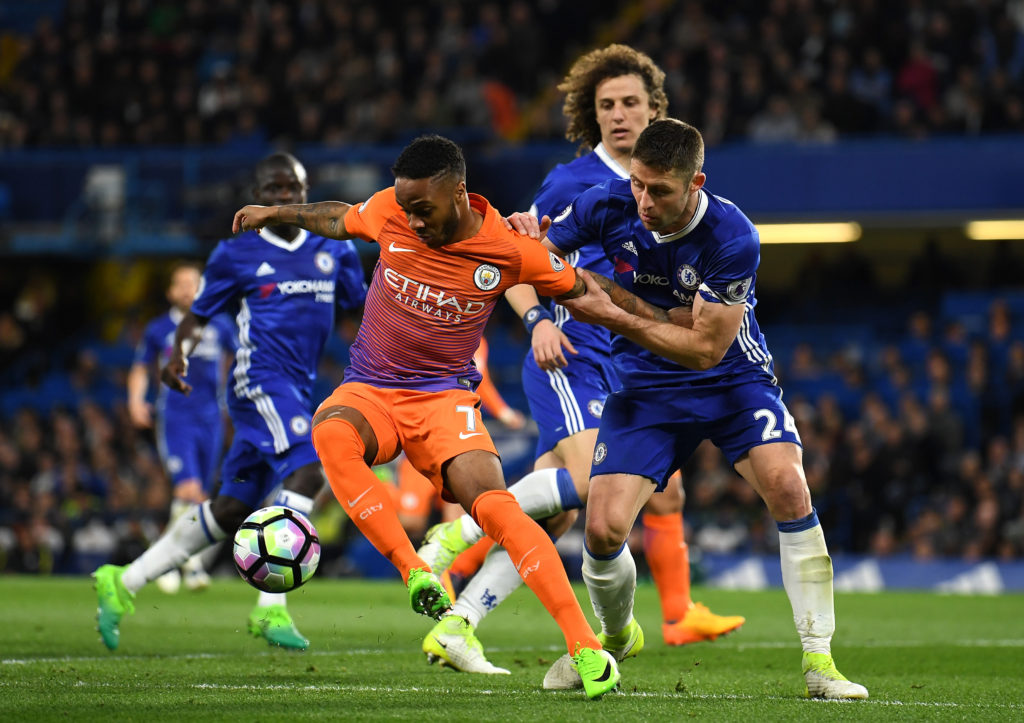 LONDON, ENGLAND - APRIL 05: Raheem Sterling of Manchester City (L) and Gary Cahill of Chelsea (R) battle for possession during the Premier League match between Chelsea and Manchester City at Stamford Bridge on April 5, 2017 in London, England.  (Photo by Mike Hewitt/Getty Images)