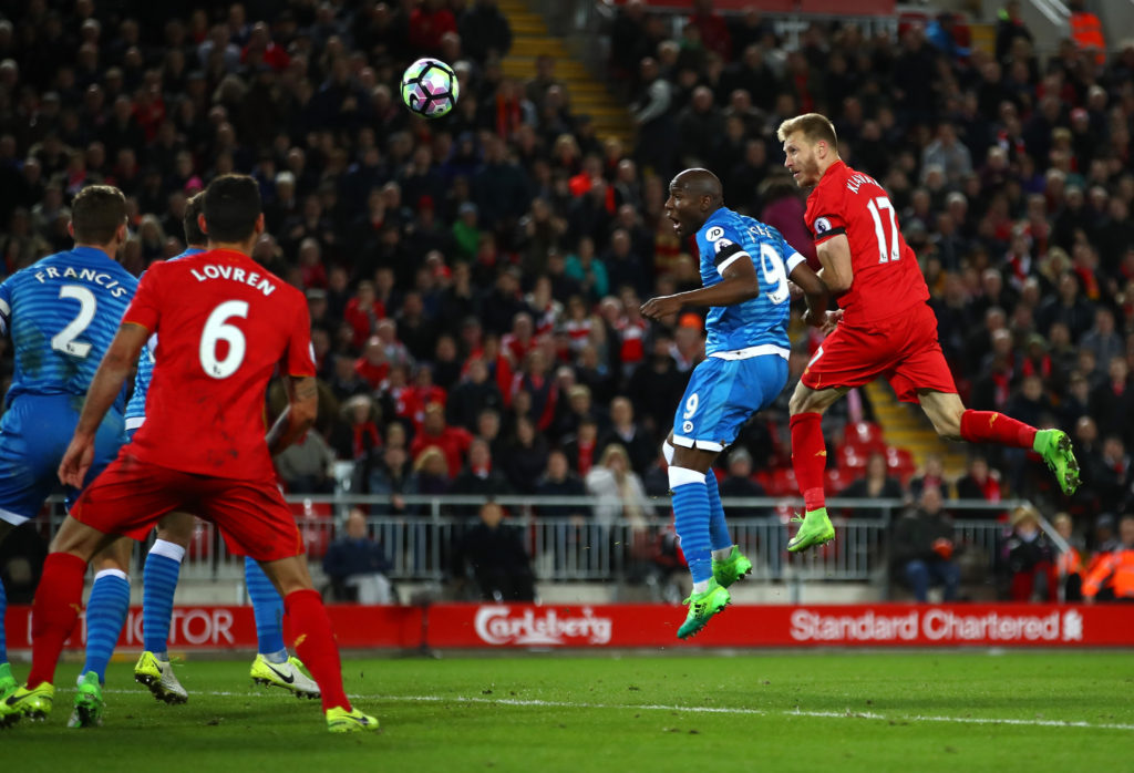 LIVERPOOL, ENGLAND - APRIL 05: Benik Afobe of AFC Bournemouth and Ragnar Klavan of Liverpool battle to win a header during the Premier League match between Liverpool and AFC Bournemouth at Anfield on April 5, 2017 in Liverpool, England.  (Photo by Clive Brunskill/Getty Images)