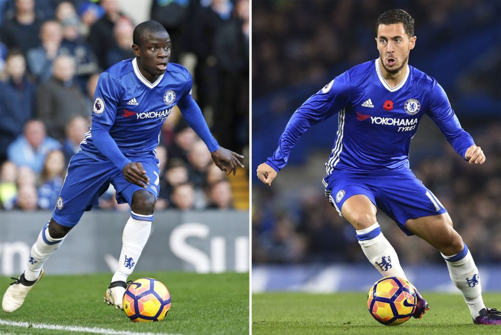 A combo picture shows Chelsea's French midfielder N'Golo Kante (L) and Chelsea's Belgian midfielder Eden Hazard in action during Premier league matches. N'Golo Kante and Eden Hazard have seen their key roles in Chelsea's bid for the Premier League title acknowledged with nominations for England's Professional Footballers' Association Player of the Year award on April 13, 2017. / AFP PHOTO / Glyn KIRK (Photo credit should read GLYN KIRK/AFP/Getty Images)