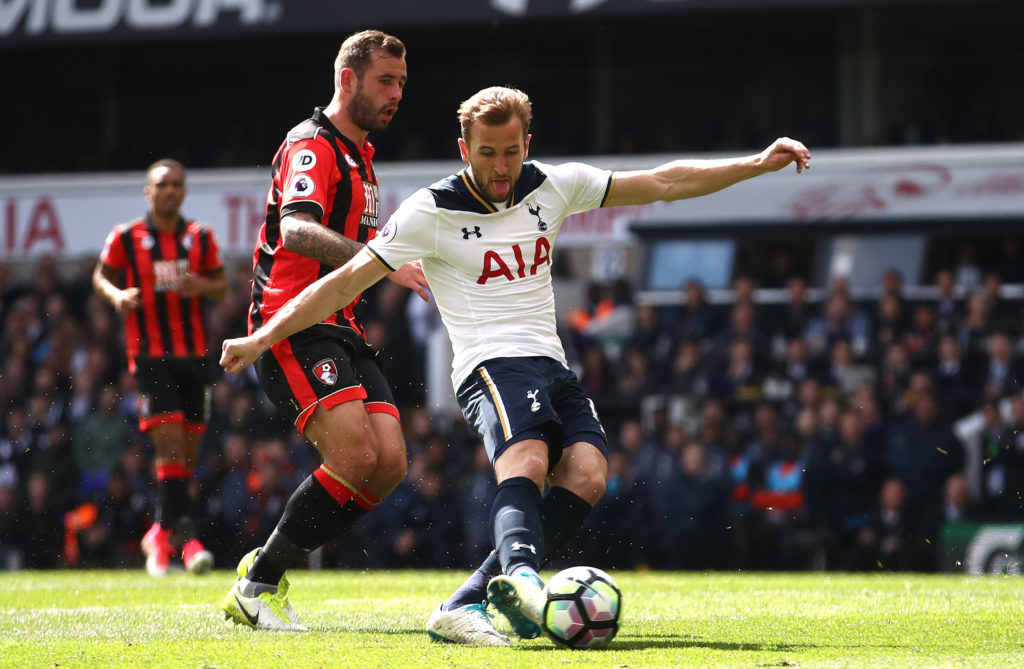 LONDON, ENGLAND - APRIL 15: Harry Kane of Tottenham Hotspur shoots during the Premier League match between Tottenham Hotspur and AFC Bournemouth at White Hart Lane on April 15, 2017 in London, England.  (Photo by Julian Finney/Getty Images)