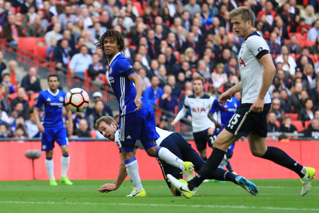LONDON, ENGLAND - APRIL 22:  Harry Kane of Tottenham Hotspur scores his sides first goal  during The Emirates FA Cup Semi-Final between Chelsea and Tottenham Hotspur at Wembley Stadium on April 22, 2017 in London, England.  (Photo by Richard Heathcote/Getty Images)