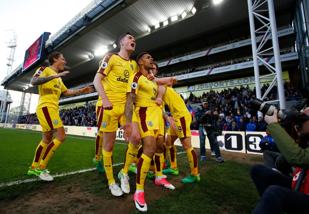 LONDON, ENGLAND - APRIL 29:  Andre Gray of Burnley celebrates scoring his team's second goal with Michael Keane during the Premier League match between Crystal Palace and Burnley at Selhurst Park on April 29, 2017 in London, England.  (Photo by Steve Bardens/Getty Images)