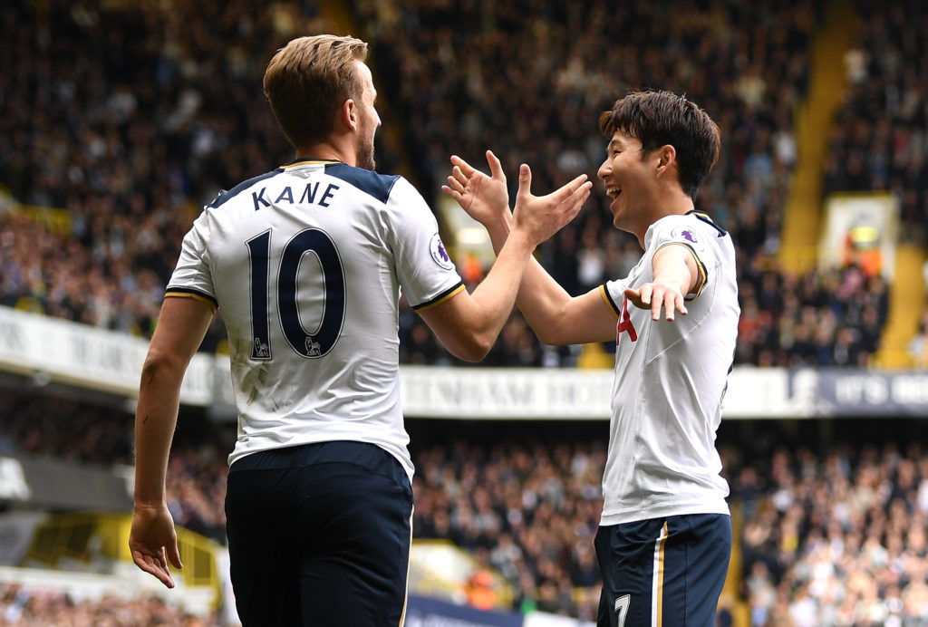 LONDON, ENGLAND - APRIL 15:  Heung-Min Son of Tottenham Hotspur celebrates scoring his sides second goal with Harry Kane of Tottenham Hotspur during the Premier League match between Tottenham Hotspur and AFC Bournemouth at White Hart Lane on April 15, 2017 in London, England.  (Photo by Shaun Botterill/Getty Images)